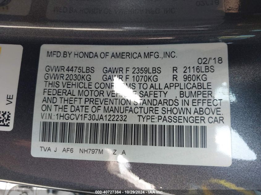 VIN 1HGCV1F30JA122232 2018 Honda Accord, Sport no.9