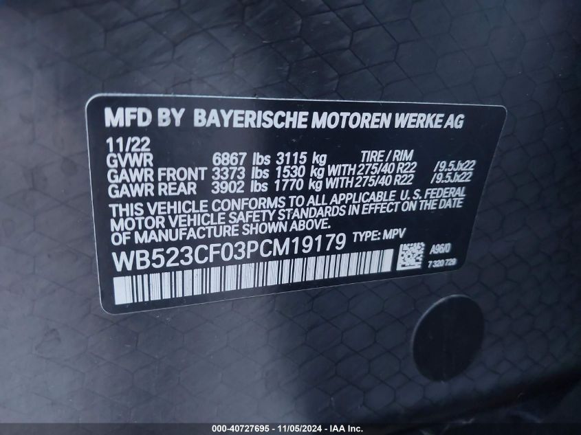 2023 BMW Ix xDrive50 VIN: WB523CF03PCM19179 Lot: 40727695