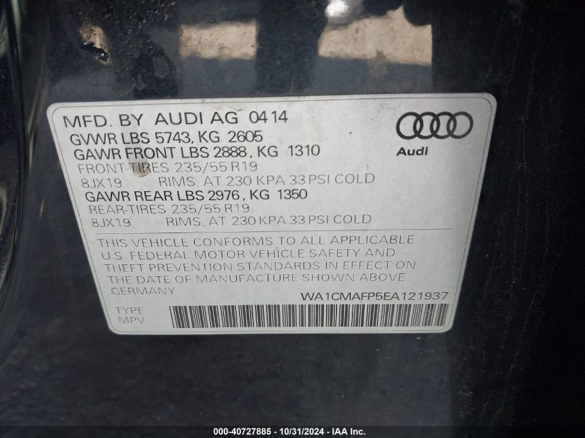 2014 Audi Q5 3.0 Tdi Premium Plus VIN: WA1CMAFP5EA121937 Lot: 40727885