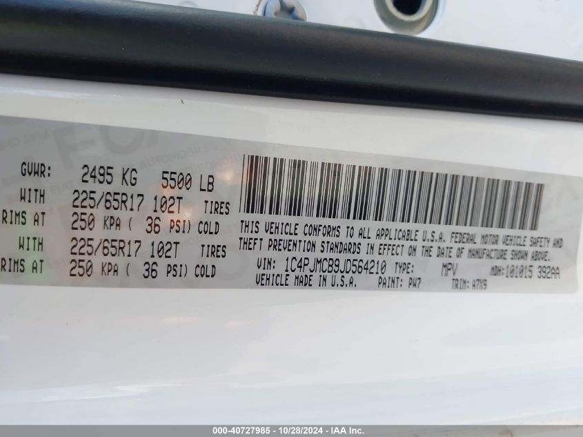 2018 Jeep Cherokee Latitude 4X4 VIN: 1C4PJMCB9JD564210 Lot: 40727985