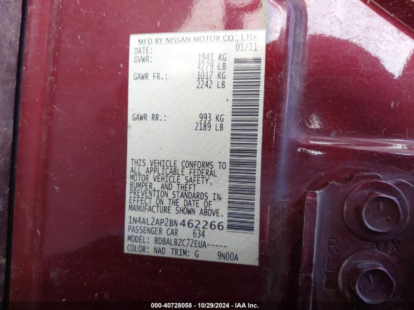 2011 Nissan Altima 2.5/2.5 S VIN: 1N4AL2AP2BN462266 Lot: 40728058