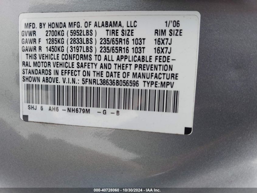 2006 Honda Odyssey Ex-L VIN: 5FNRL38636B056596 Lot: 40728060