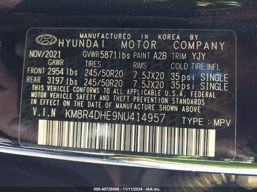 2022 Hyundai Palisade Sel VIN: KM8R4DHE9NU414957 Lot: 40728088