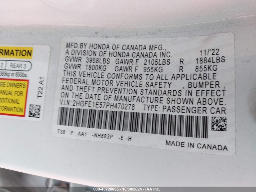 2023 HONDA CIVIC SI SEDAN - 2HGFE1E57PH470278