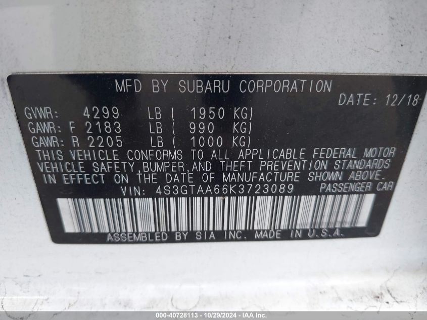 2019 SUBARU IMPREZA 2.0I - 4S3GTAA66K3723089