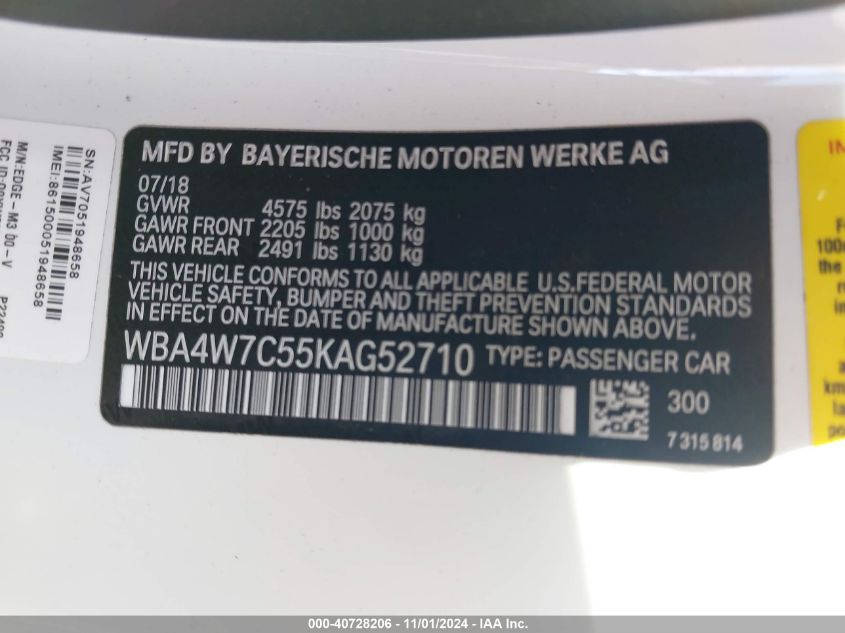 2019 BMW 440I VIN: WBA4W7C55KAG52710 Lot: 40728206