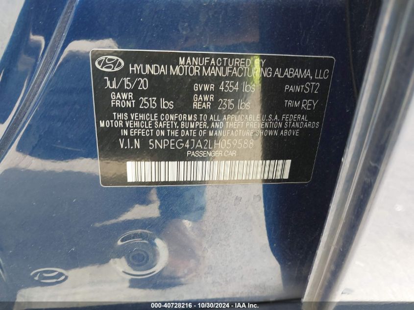 2020 Hyundai Sonata Se VIN: 5NPEG4JA2LH059588 Lot: 40728216