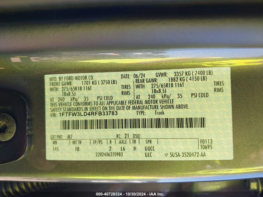 2024 Ford F-150 Xlt VIN: 1FTFW3LD7RFD33783 Lot: 40728324