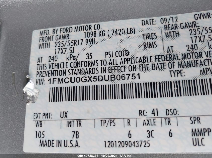 2013 Ford Escape Se VIN: 1FMCU0GX5DUB06751 Lot: 40728363