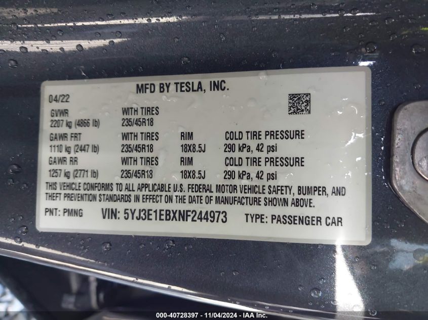 2022 Tesla Model 3 Long Range Dual Motor All-Wheel Drive VIN: 5YJ3E1EBXNF244973 Lot: 40728397