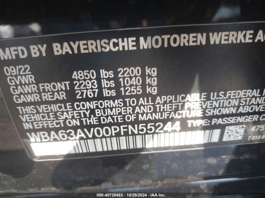 2023 BMW 430I Gran Coupe VIN: WBA63AV00PFN55244 Lot: 40728483