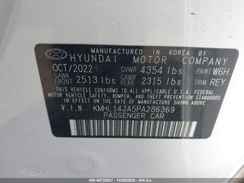 2023 Hyundai Sonata Sel VIN: KMHL14JA5PA286369 Lot: 40728837