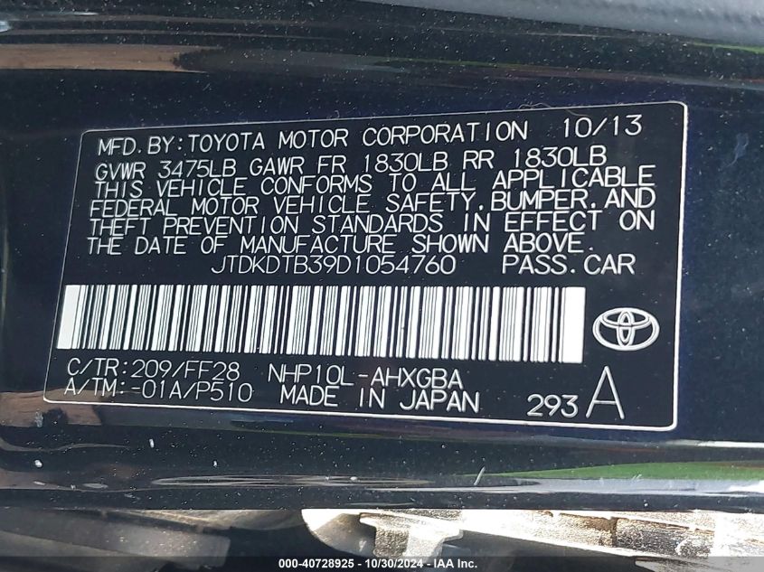 2013 Toyota Prius C Three VIN: JTDKDTB39D1054760 Lot: 40728925