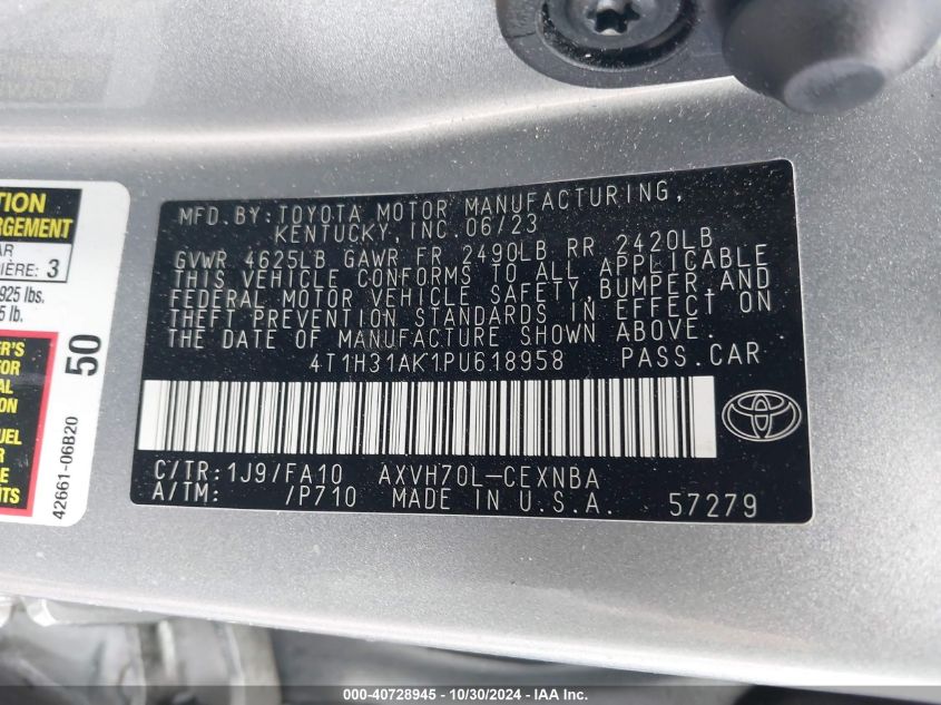 2023 Toyota Camry Le Hybrid VIN: 4T1H31AK1PU618958 Lot: 40728945