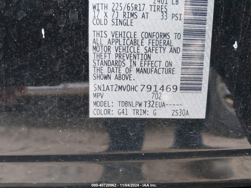 VIN 5N1AT2MV0HC791469 2017 NISSAN ROGUE S