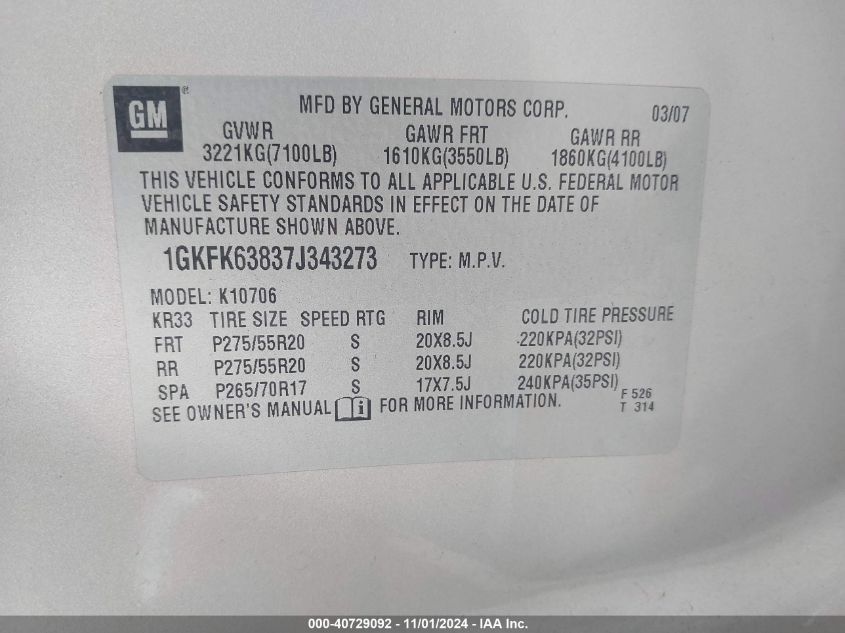 2007 GMC Yukon Denali VIN: 1GKFK63837J343273 Lot: 40729092