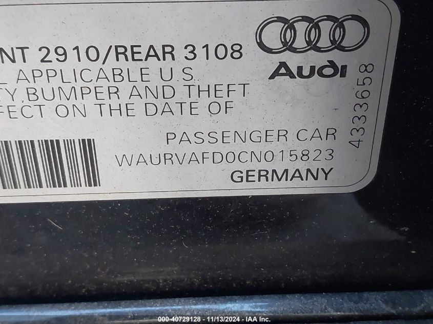 2012 Audi A8 L 4.2 VIN: WAURVAFD0CN015823 Lot: 40729128