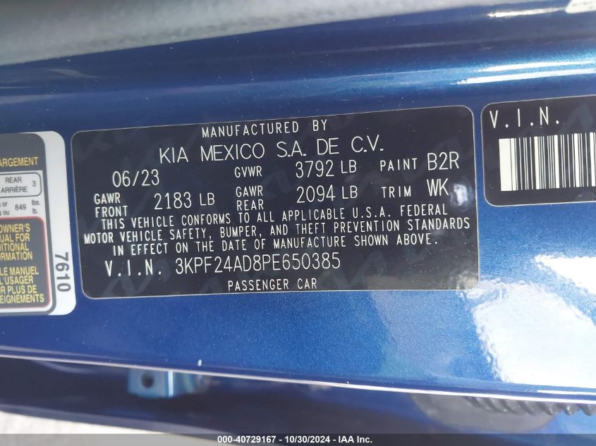 2023 Kia Forte Lxs VIN: 3KPF24AD8PE650385 Lot: 40729167