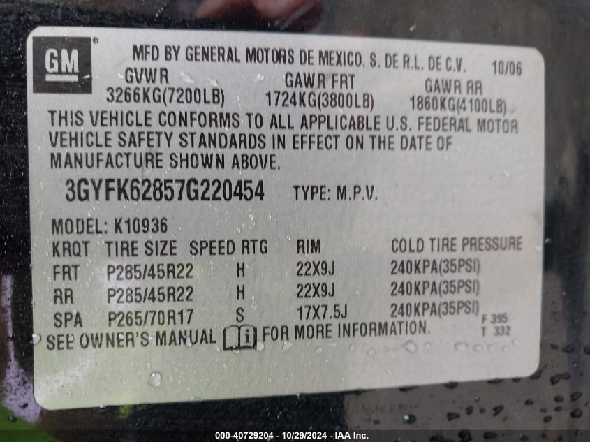 2007 Cadillac Escalade Ext Standard VIN: 3GYFK62857G220454 Lot: 40729204