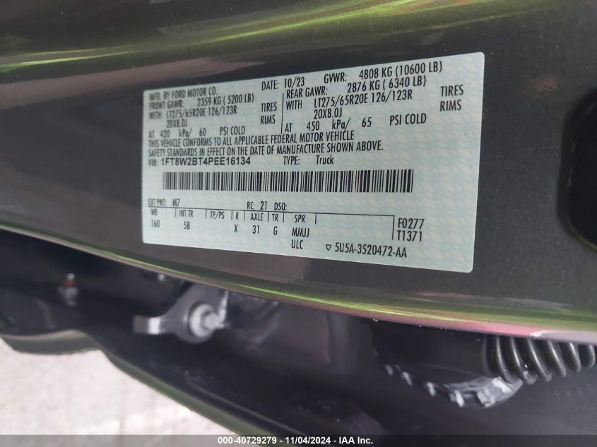 2023 Ford F250 Super Duty VIN: 1FT8W2BT4PEE16134 Lot: 40729279
