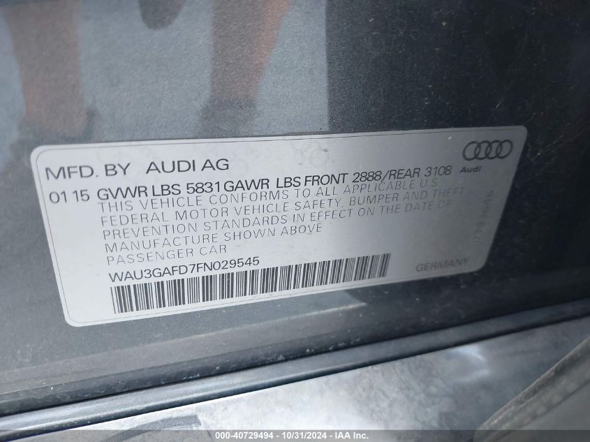 2015 Audi A8 L 3.0T VIN: WAU3GAFD7FN029545 Lot: 40729494