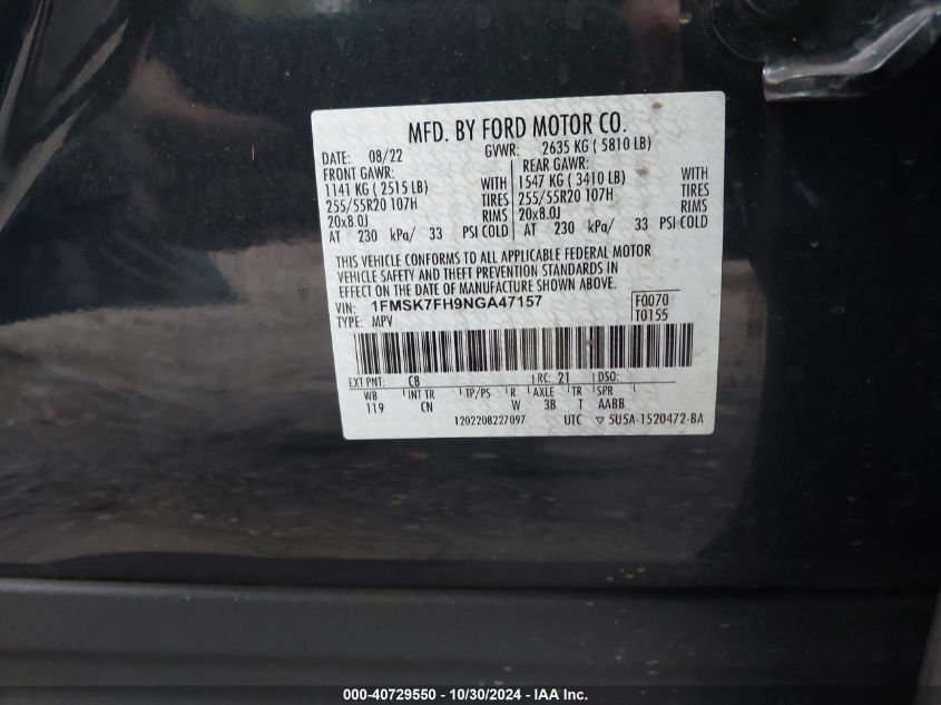 VIN 1FMSK7FH9NGA47157 2022 Ford Explorer, Limited no.9