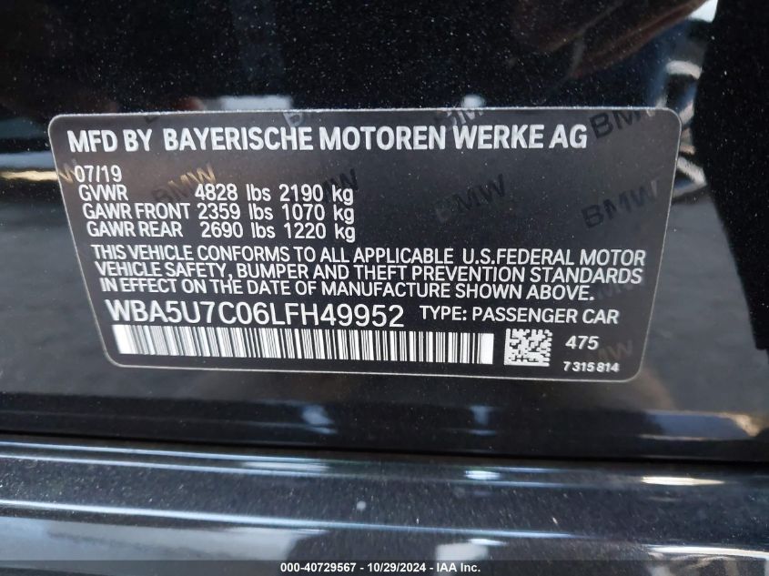 2020 BMW 3 Series M340I VIN: WBA5U7C06LFH49952 Lot: 40729567