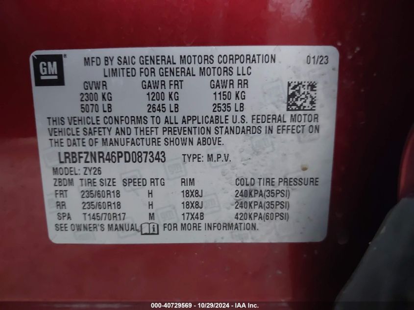 2023 Buick Envision Essence Fwd VIN: LRBFZNR46PD087343 Lot: 40729569