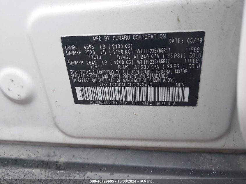 VIN 4S4BSAFC4K3373422 2019 Subaru Outback, 2.5I Pre... no.9