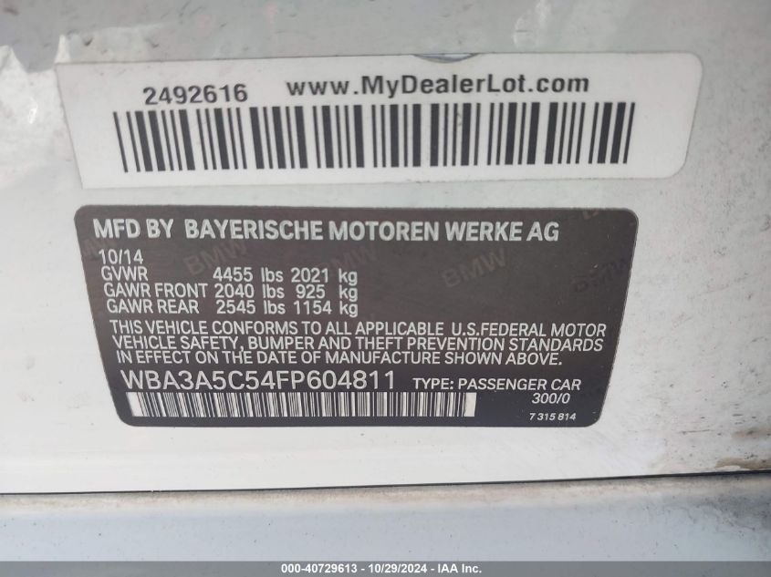 2015 BMW 328I VIN: WBA3A5C54FP604811 Lot: 40729613