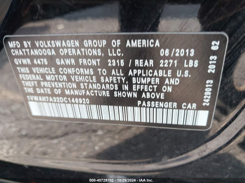 2013 Volkswagen Passat 2.5L Wolfsburg Edition VIN: 1VWAH7A32DC146920 Lot: 40729702