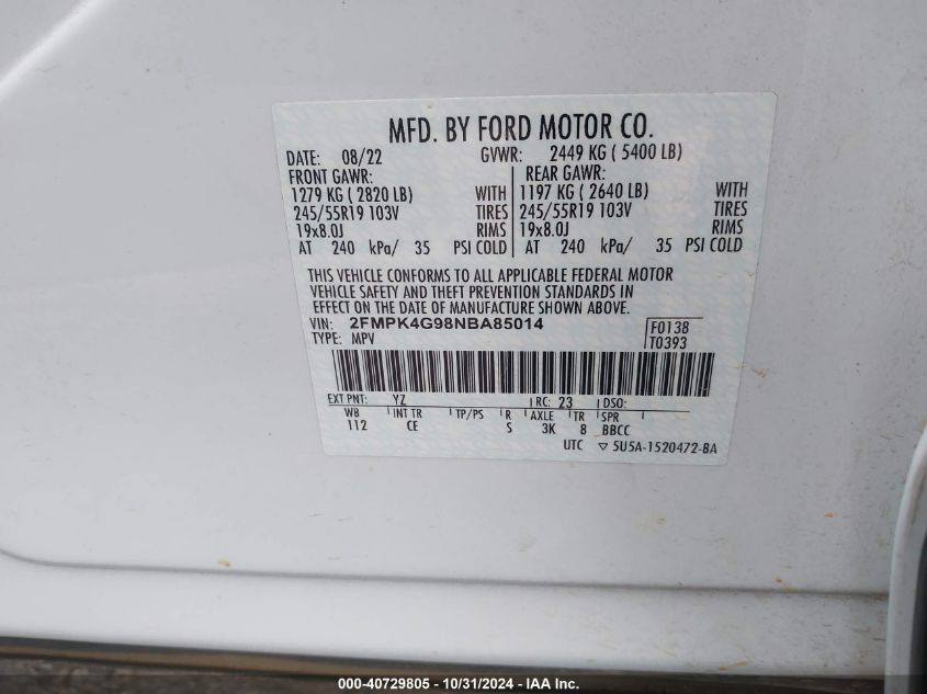 2022 Ford Edge Se VIN: 2FMPK4G98NBA85014 Lot: 40729805