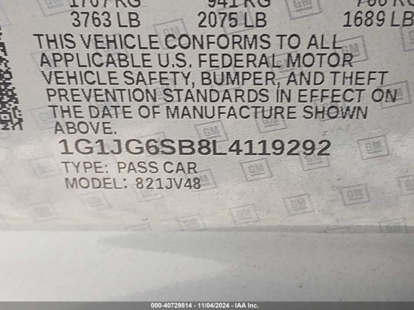 2020 Chevrolet Sonic Fwd 1Fl 5-Door VIN: 1G1JG6SB8L4119292 Lot: 40729814