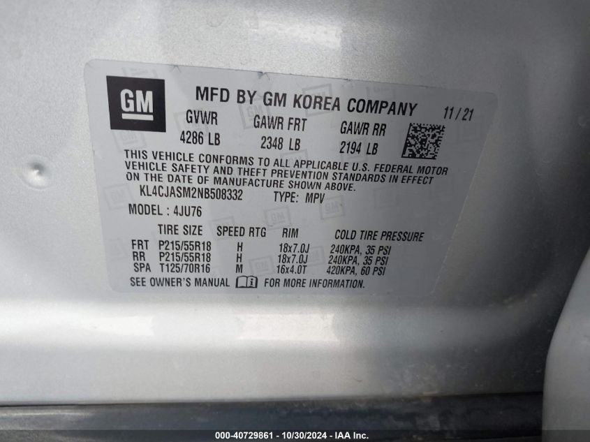 2022 Buick Encore Fwd Preferred VIN: KL4CJASM2NB508332 Lot: 40729861