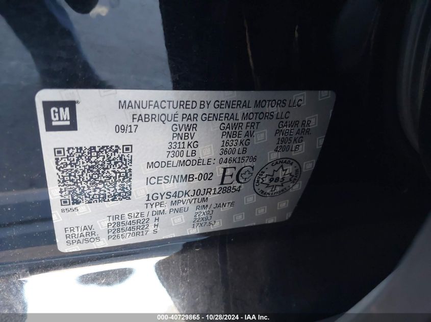 2018 Cadillac Escalade Platinum VIN: 1GYS4DKJ0JR128854 Lot: 40729865