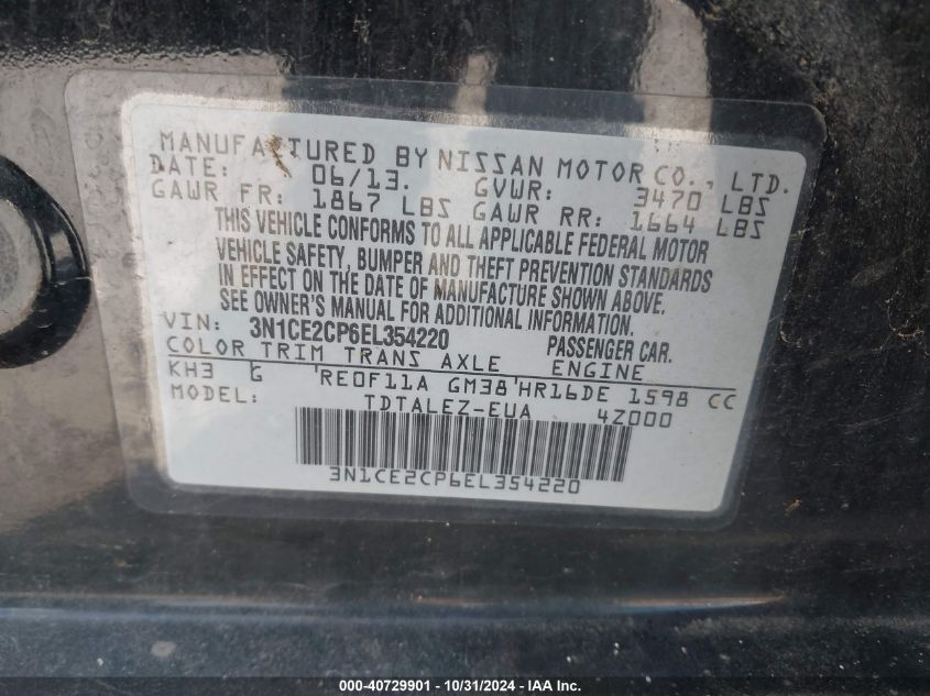 2014 Nissan Versa Note Sv VIN: 3N1CE2CP6EL354220 Lot: 40729901