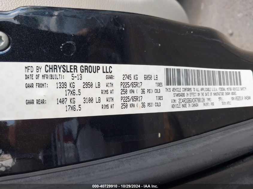 2013 Dodge Grand Caravan Se VIN: 2C4RDGBGXDR788120 Lot: 40729910