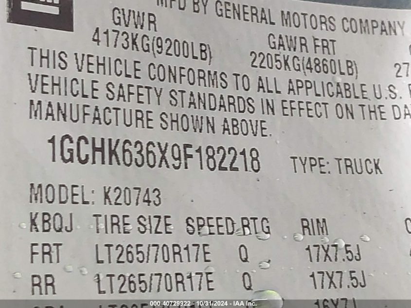 2009 Chevrolet Silverado 2500Hd Ltz VIN: 1GCHK636X9F182218 Lot: 40729922