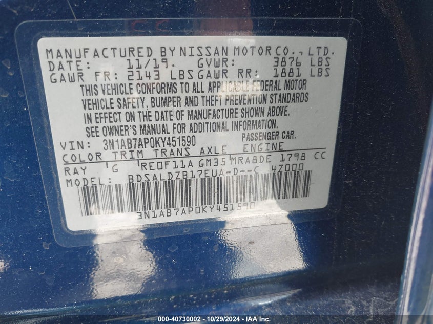 VIN 3N1AB7AP0KY451590 2019 NISSAN SENTRA SV