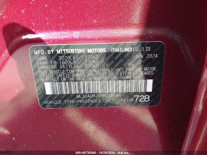 VIN ML32AUHJXRH018646 2024 MITSUBISHI MIRAGE ES/LE