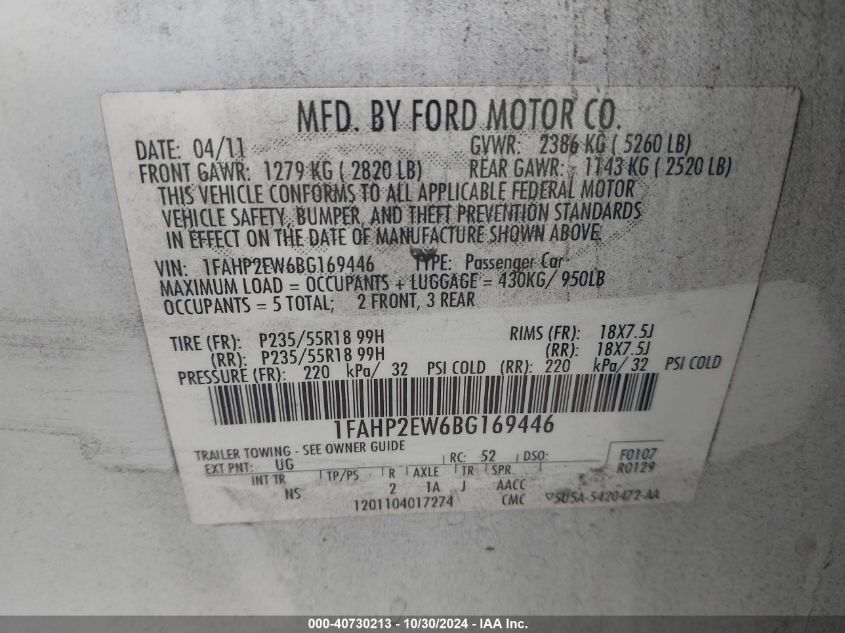 2011 Ford Taurus Sel VIN: 1FAHP2EW6BG169446 Lot: 40730213