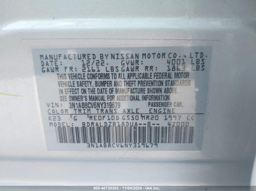 2022 NISSAN SENTRA VIN: 3N1AB8CV6NY319679