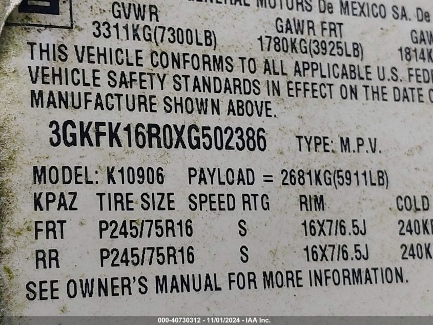 1999 GMC Suburban Slt VIN: 3GKFK16R0XG502386 Lot: 40730312