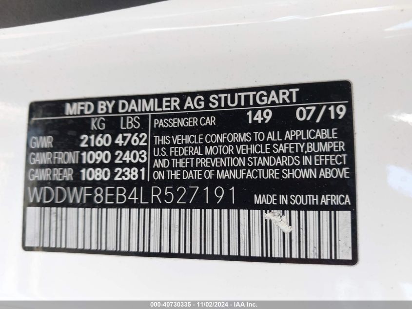 2020 Mercedes-Benz C 300 4Matic VIN: WDDWF8EB4LR527191 Lot: 40730335