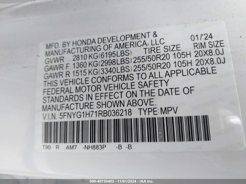 VIN 5FNYG1H71RB036218 2024 Honda Pilot, Touring no.9