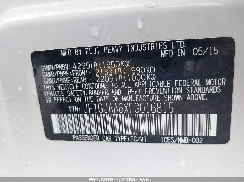 2015 SUBARU IMPREZA VIN: JF1GJAA6XFG016815