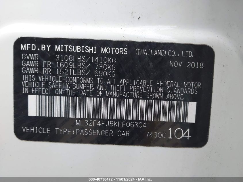 2019 Mitsubishi Mirage G4 Se VIN: ML32F4FJ5KHF06304 Lot: 40730472