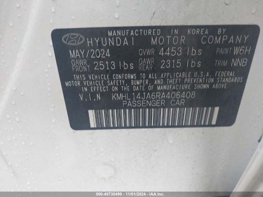 2024 Hyundai Sonata Sel VIN: KMHL14JA6RA406408 Lot: 40730499