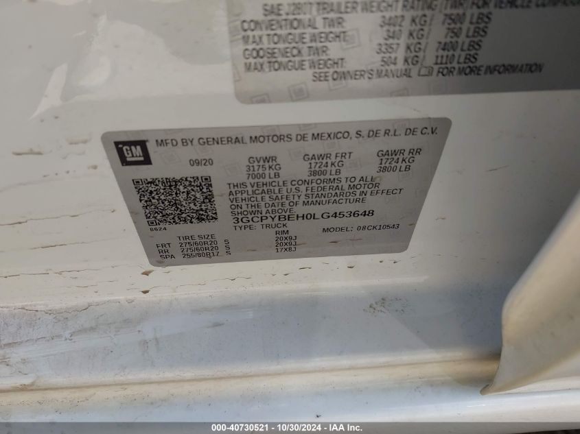 2020 Chevrolet Silverado 1500 4Wd Short Bed Custom VIN: 3GCPYBEH0LG453648 Lot: 40730521