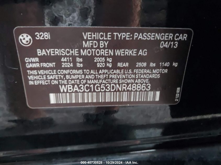 VIN WBA3C1G53DNR48863 2013 BMW 328I no.9